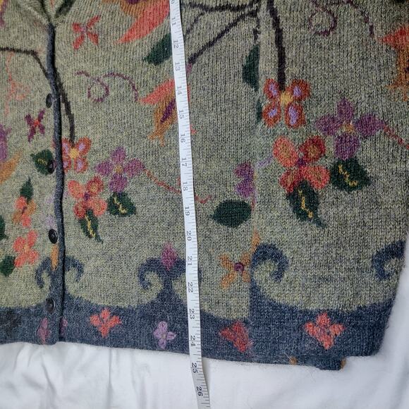 Peruvian Connection 100% Alpaca Green Floral Knit Cozy Cardigan Sweater Large - Picture 10 of 10